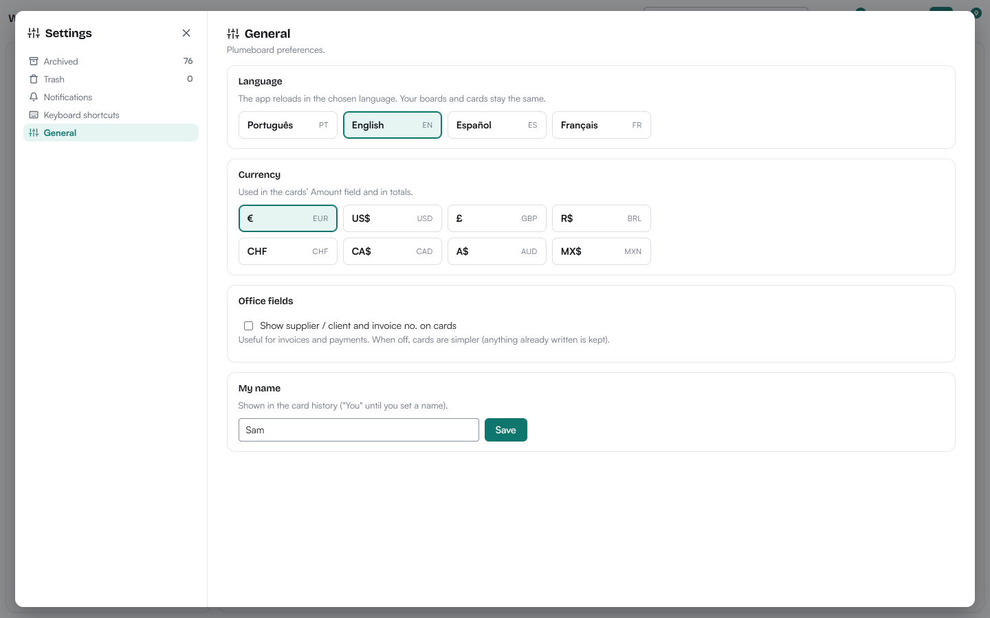 Settings, General: language and currency pickers
